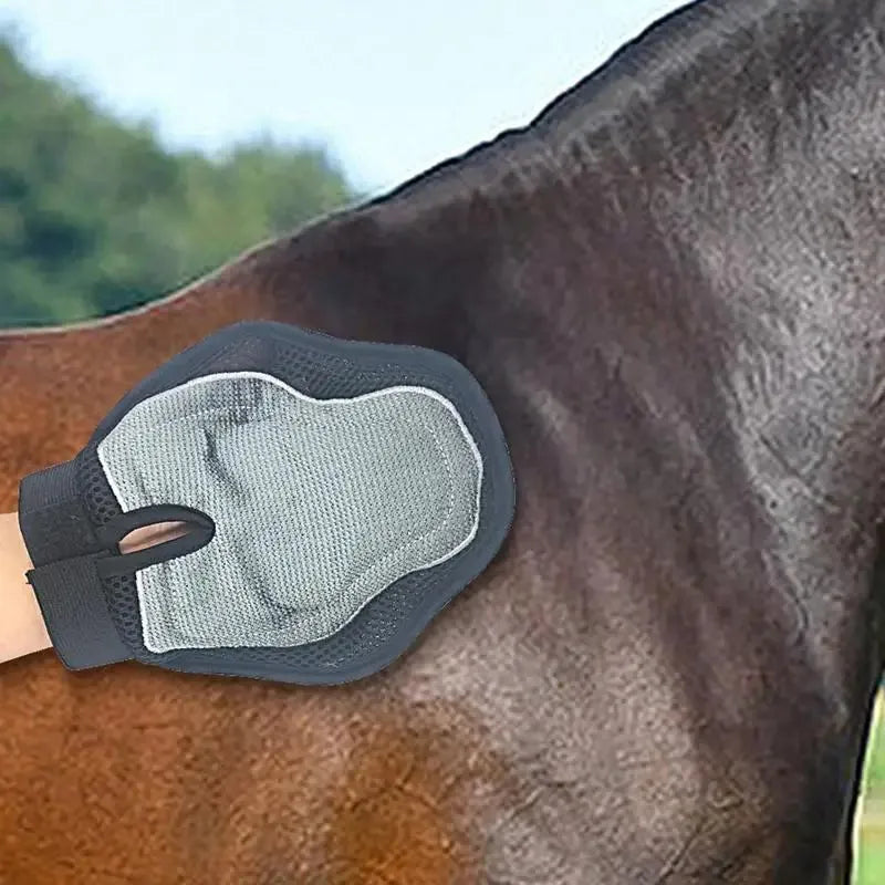 Soft silicone horse massage gloves for gentle hair removal and grooming, adjustable fit with hook and loop closure