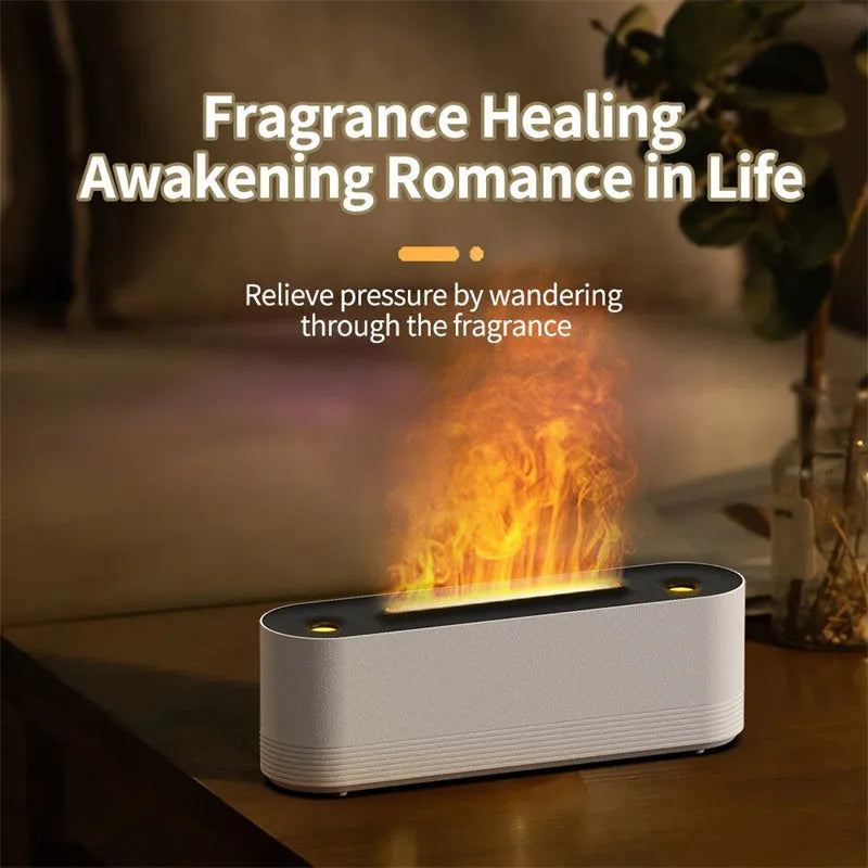 Black or white ultrasonic humidifier and aroma diffuser with LED lights creating flame mist effect.