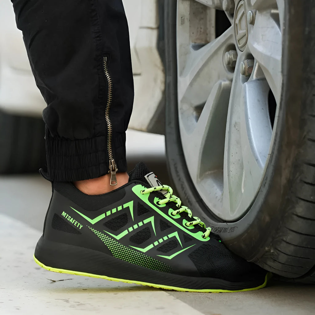 Ultra-light black steel toe safety boots with flat knitted uppers and lace-up front.