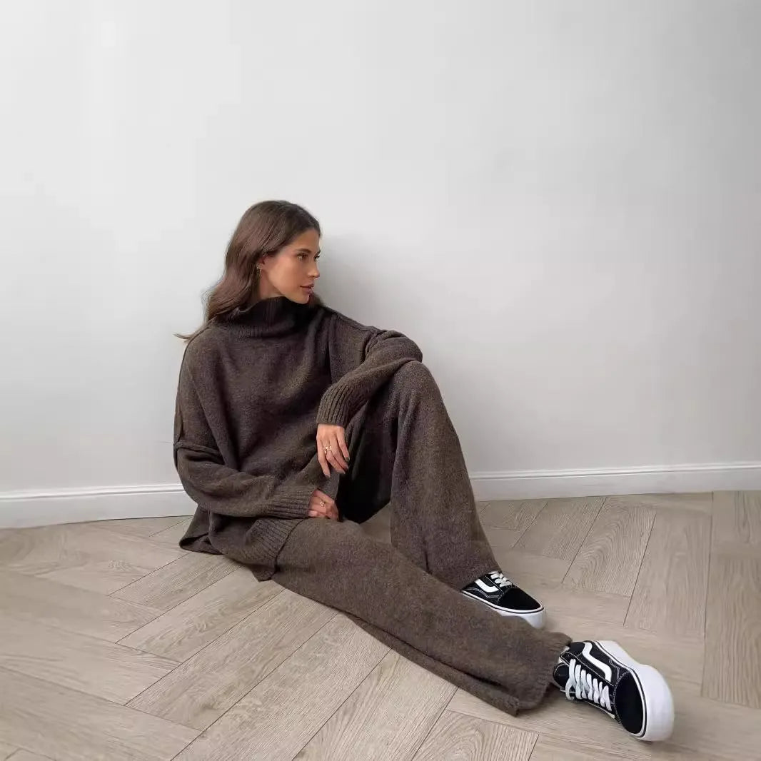 Women's acrylic sweater suit set with side-slit jumper and matching trousers