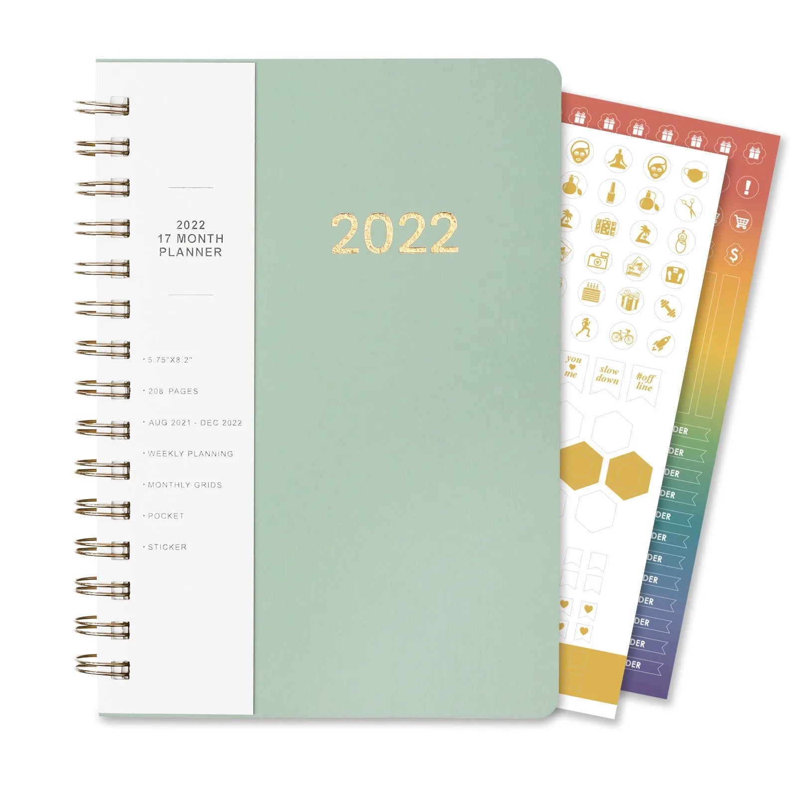 Green and blue 17-month 2022 student planner notebook with coil binding and pockets