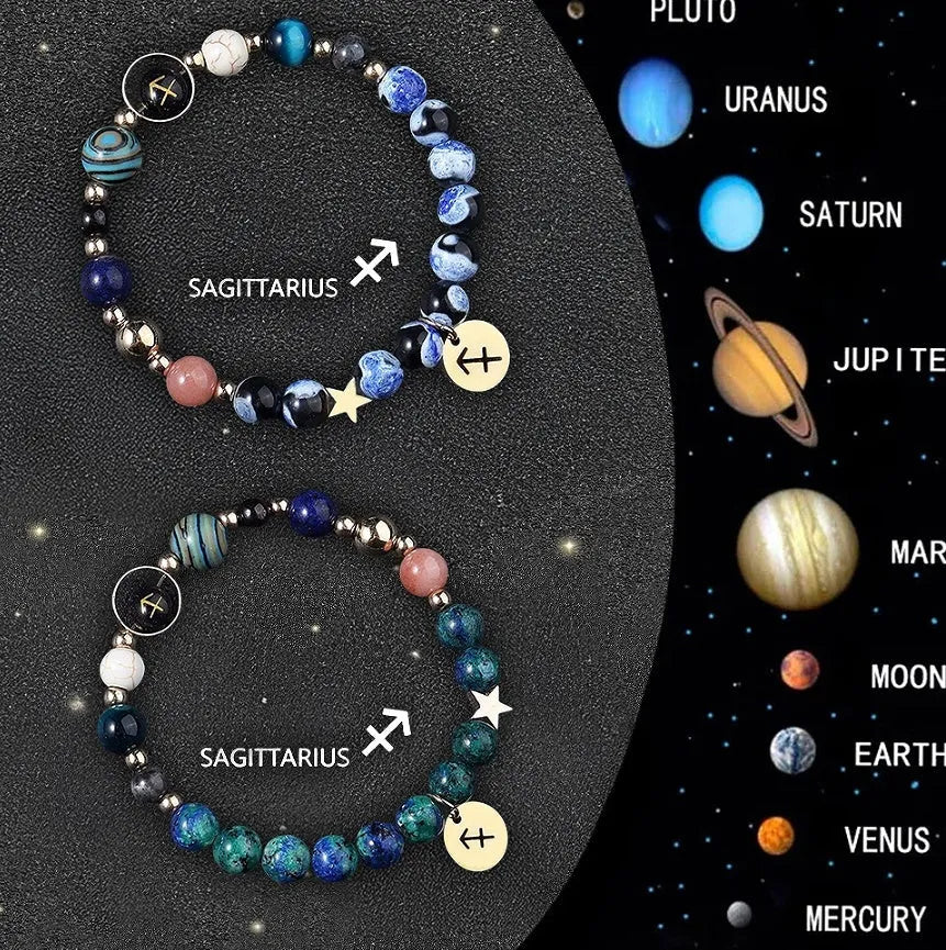Two natural stone beaded bracelets for zodiac signs on a stretch cord.