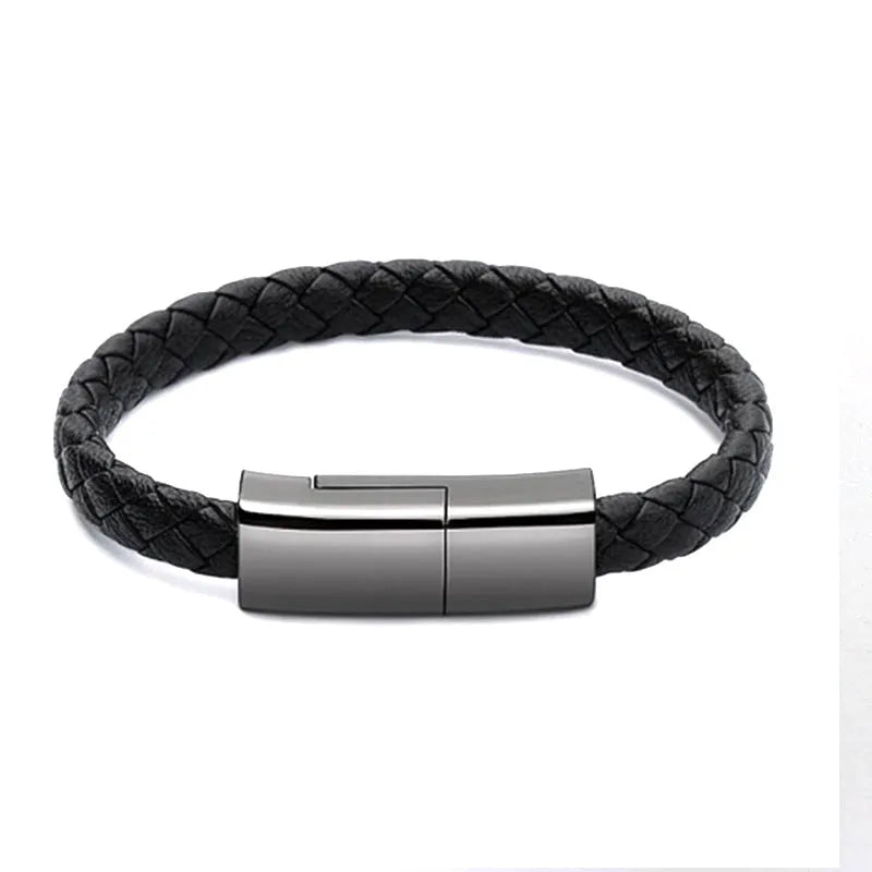 Black braided PU leather bracelet charger USB cable with zinc alloy connector on wrist