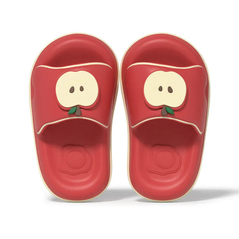Cute cartoon flip flops for men and women in red, blue, cyan, pink made from EVA material, side view