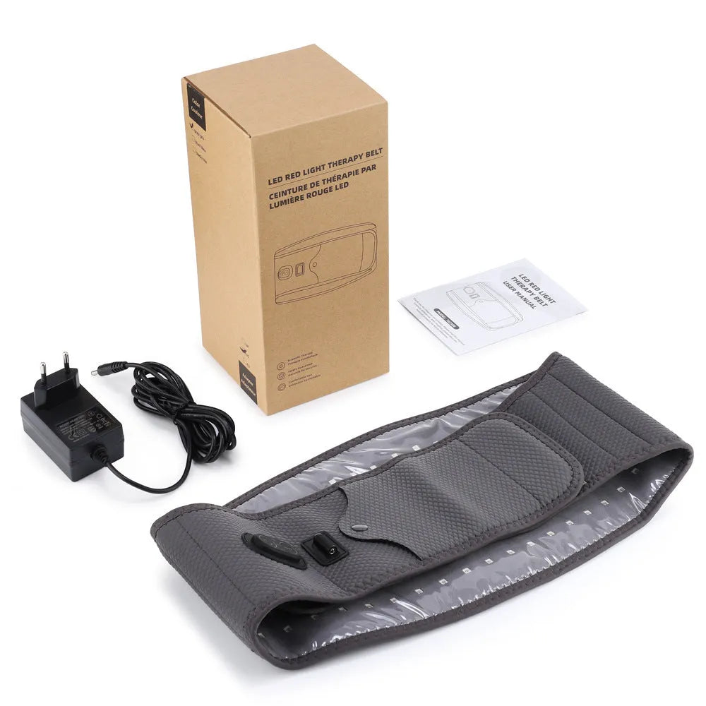 Grey neoprene electric waist therapy belt with red light panels and power cable.