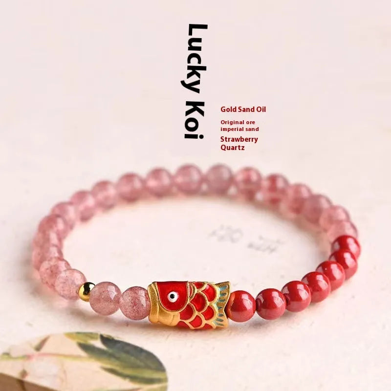 Koi purple cinnabar and strawberry quartz bracelet with retro design and lucky beads