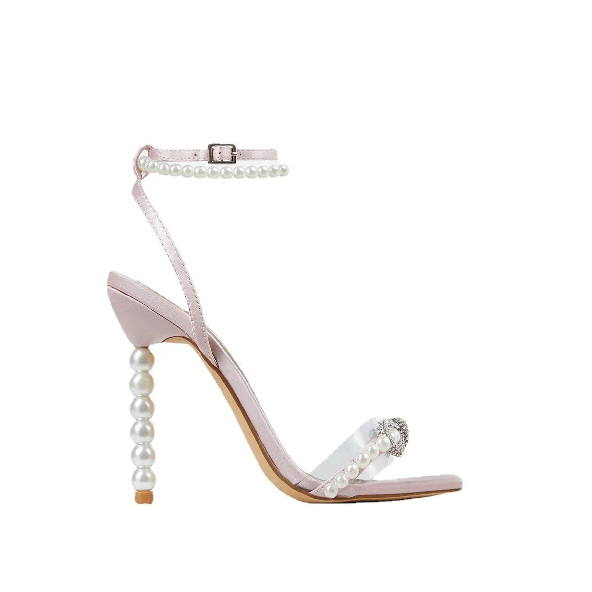 Square toe stiletto heels with rhinestone bow and pearl strap in apricot colour