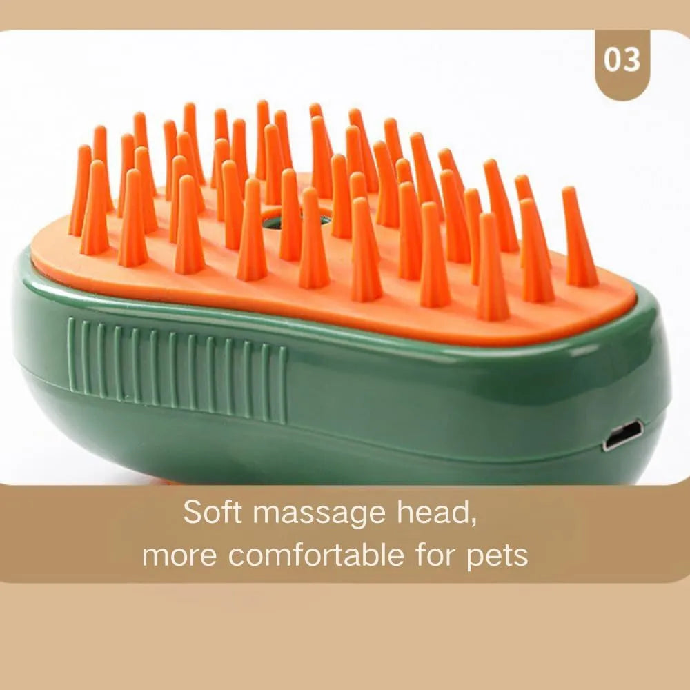 Green and white rechargeable cat steam brush with silicone teeth and water spray button.