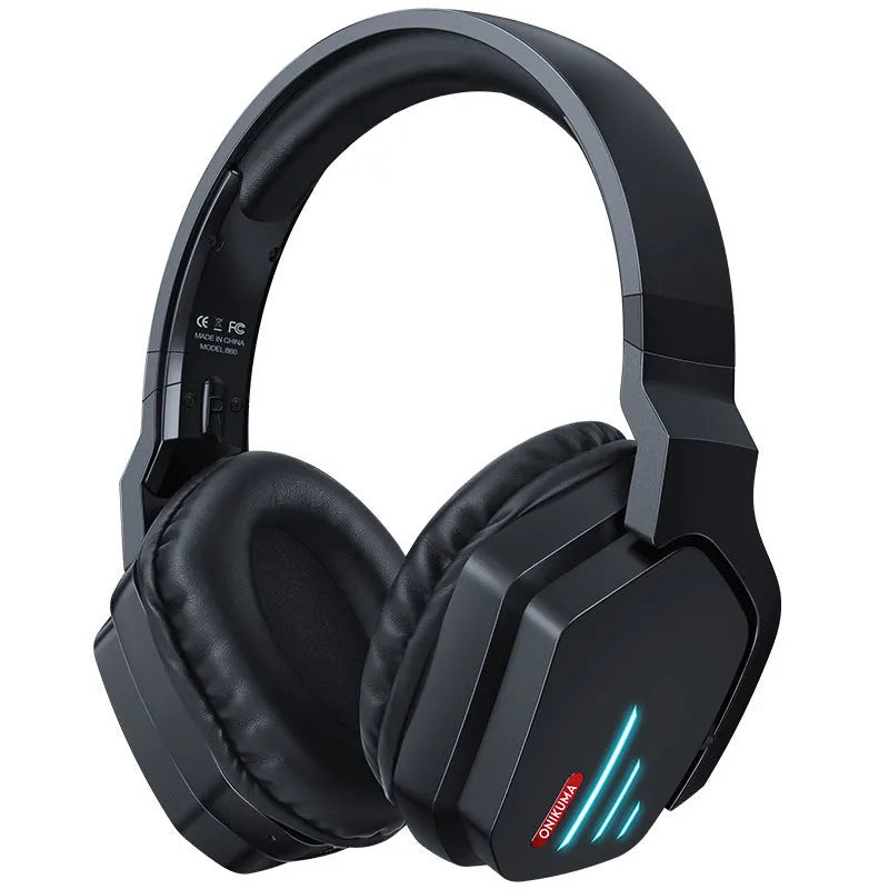 Luminous black wireless gaming headphones with LED lighting showing head-mounted design