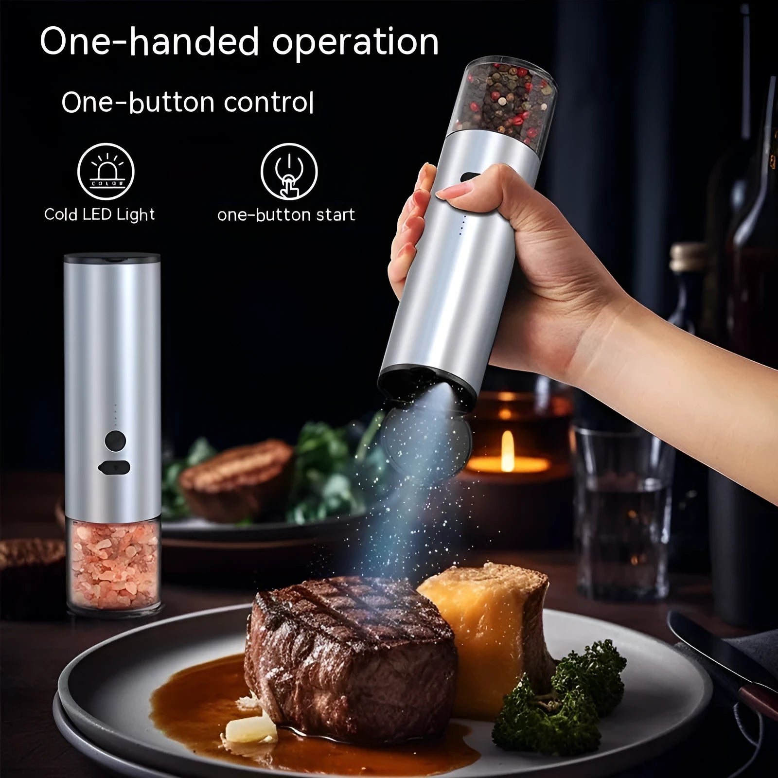 White and black electric salt and pepper grinders with USB charging ports and clear glass jars