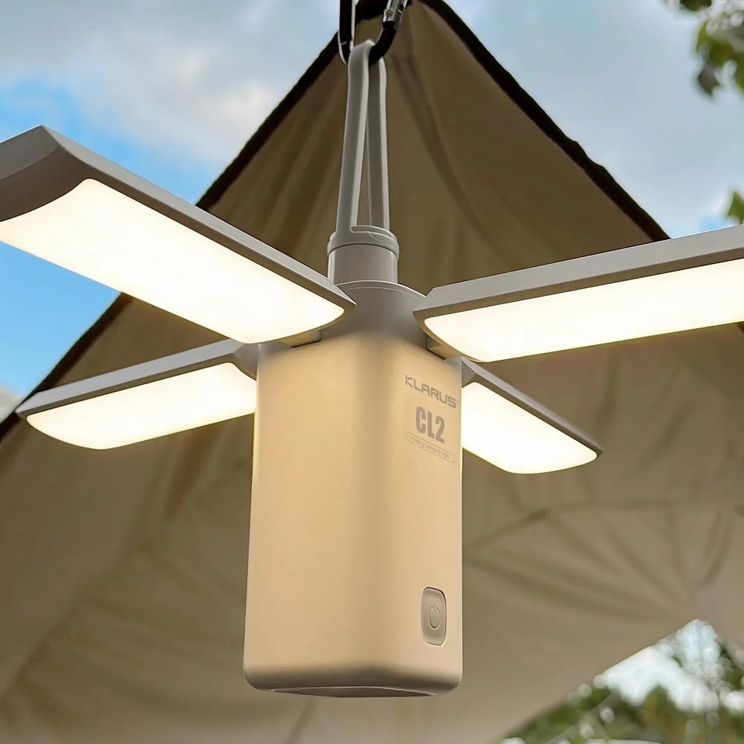 Green and white rechargeable campsite lamp with LED light for outdoor camping use
