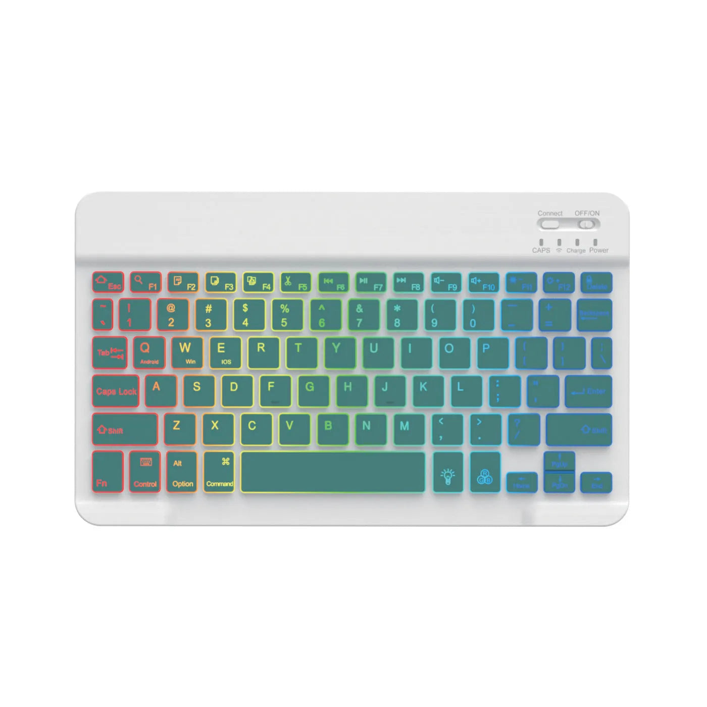 10-inch wireless Bluetooth keyboard with colourful backlit keys on a desk next to a tablet.
