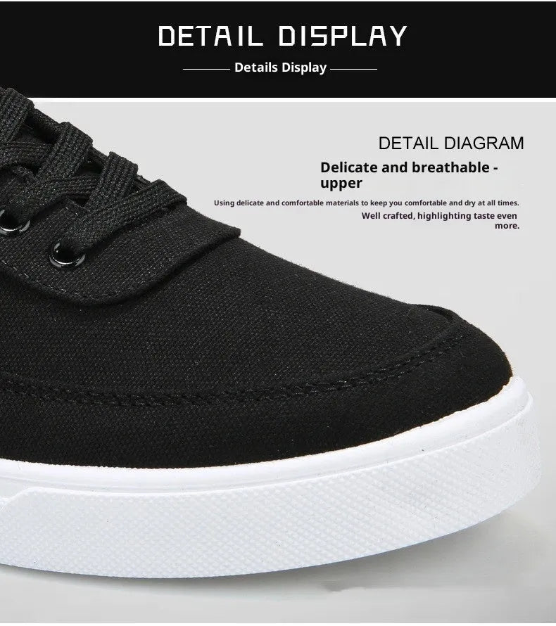 Men's low top spring canvas shoes in black cloth cover with flat rubber sole