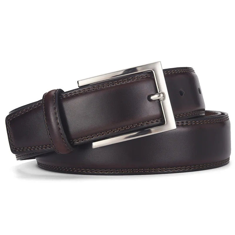 Men's genuine leather belt with an alloy pin buckle shown in a classic brown colour.