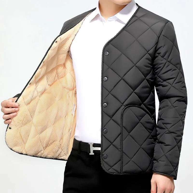 Men's short fleece-lined nylon jacket in black and navy blue, front view, sizes L to 4XL