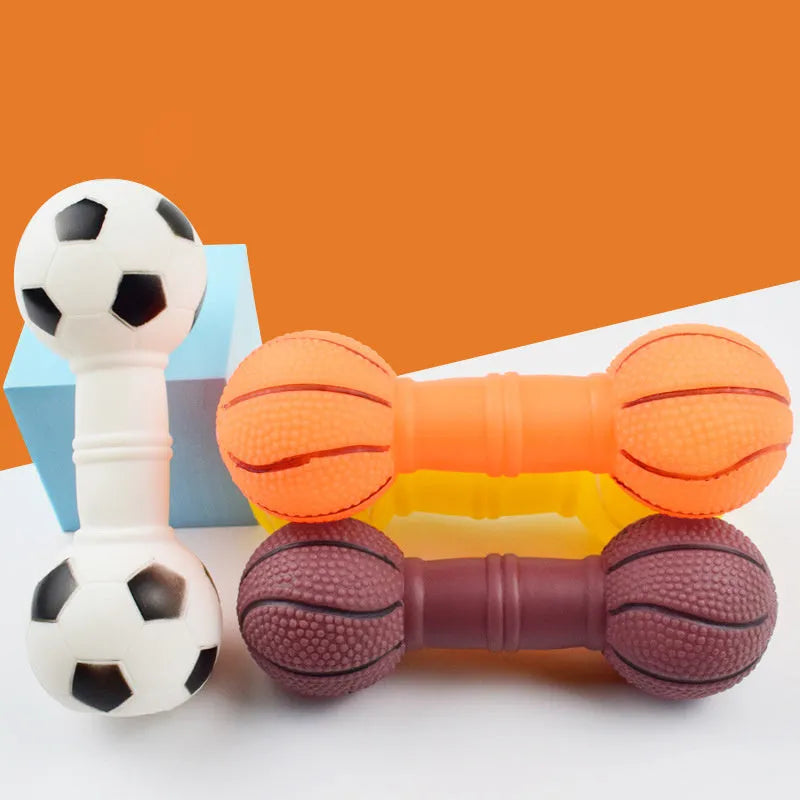 Brown, orange, white, and yellow PVC football dumbbell shaped dog chew toy with squeaker.