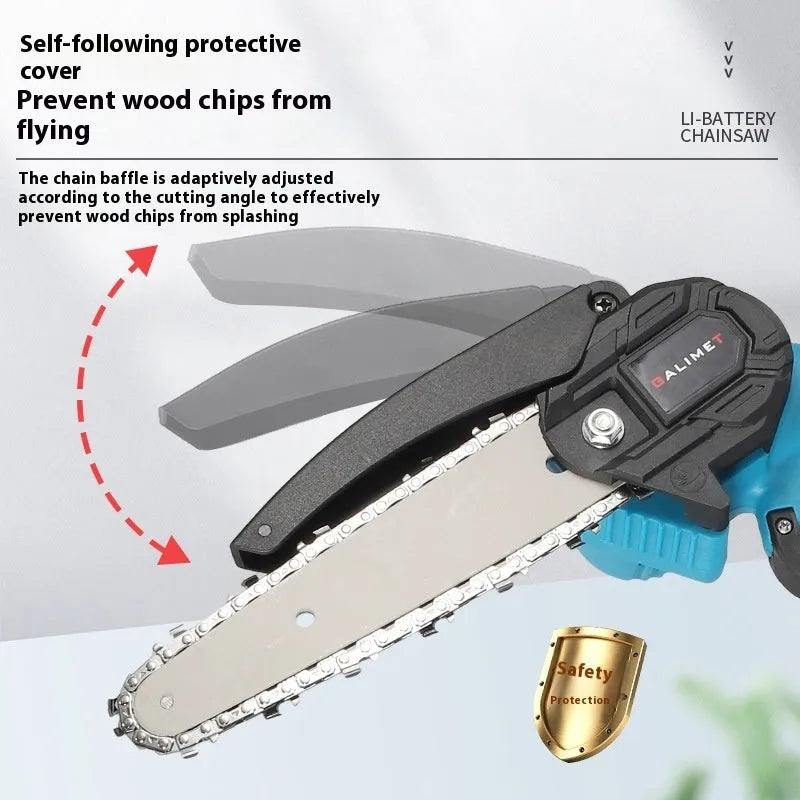 6-inch rechargeable lithium chainsaw with dual battery and plastic storage box against white background