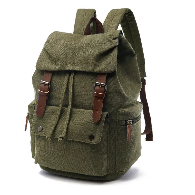 Canvas travel backpack in solid colour with sewing line details, capacity below 20L