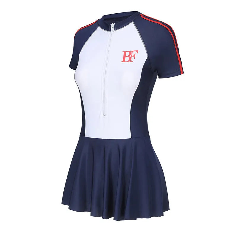 Conservative women's sports one-piece swimsuit in a colour-block pattern, shown in colour E92 or E93.