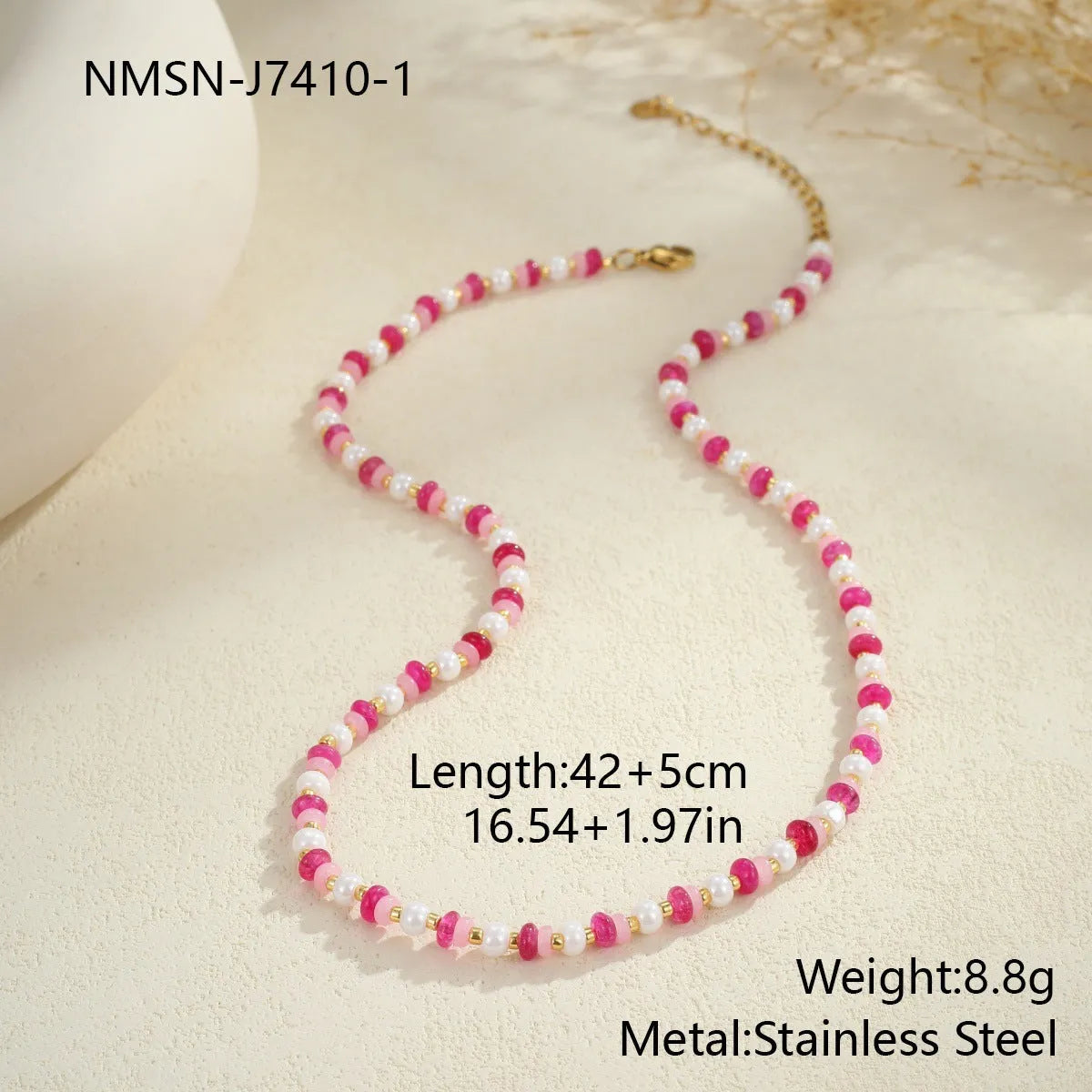 Sweet resin beaded necklace for women with geometric pendant, stainless steel chain, pink beads