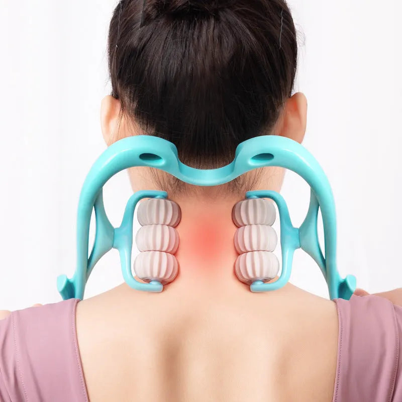 Blue handheld plastic massager with six white rotating wheels for deep tissue massage.