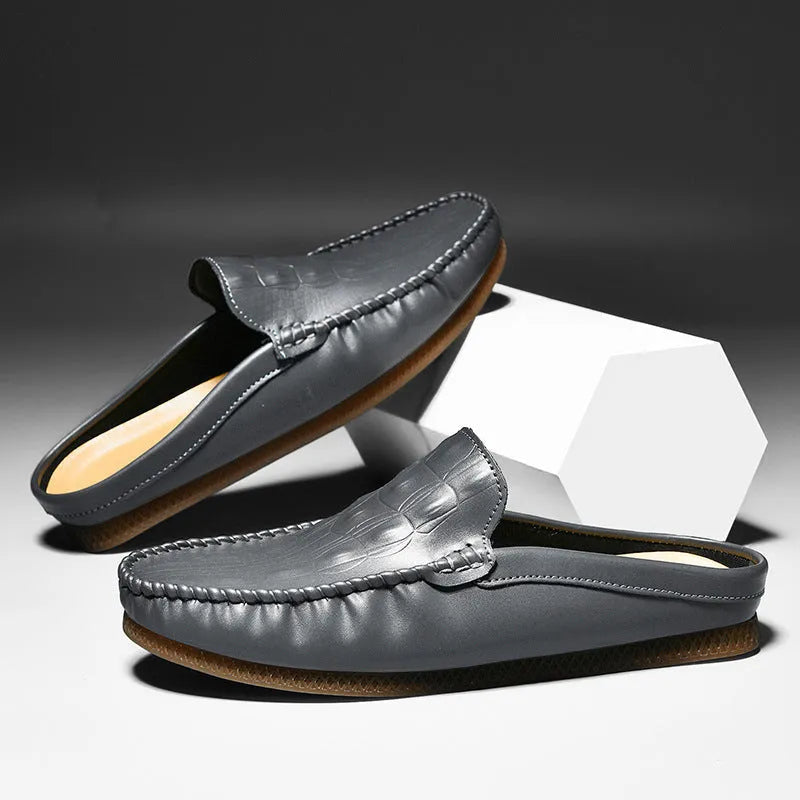 Men's black summer leisure semi-slippers with breathable design, artificial PU upper, and rubber sole.