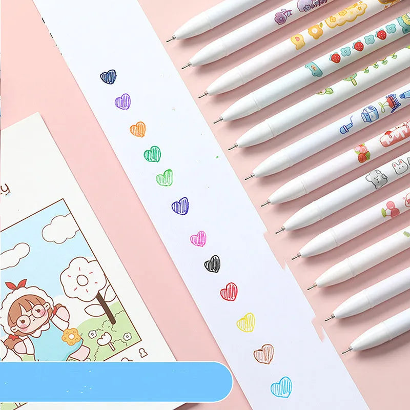 Twelve colourful gel pens with 0.5mm tips and cartoon designs arranged together