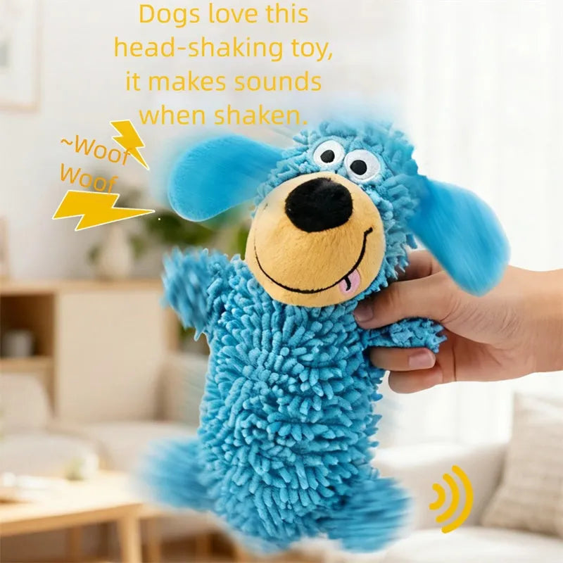 Squeaky plush dog toy in blue with cheerful dog shape and built-in squeaker
