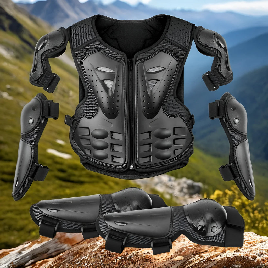 Children's five-piece motorcycle armour protective gear set in black for outdoor cycling and running sports