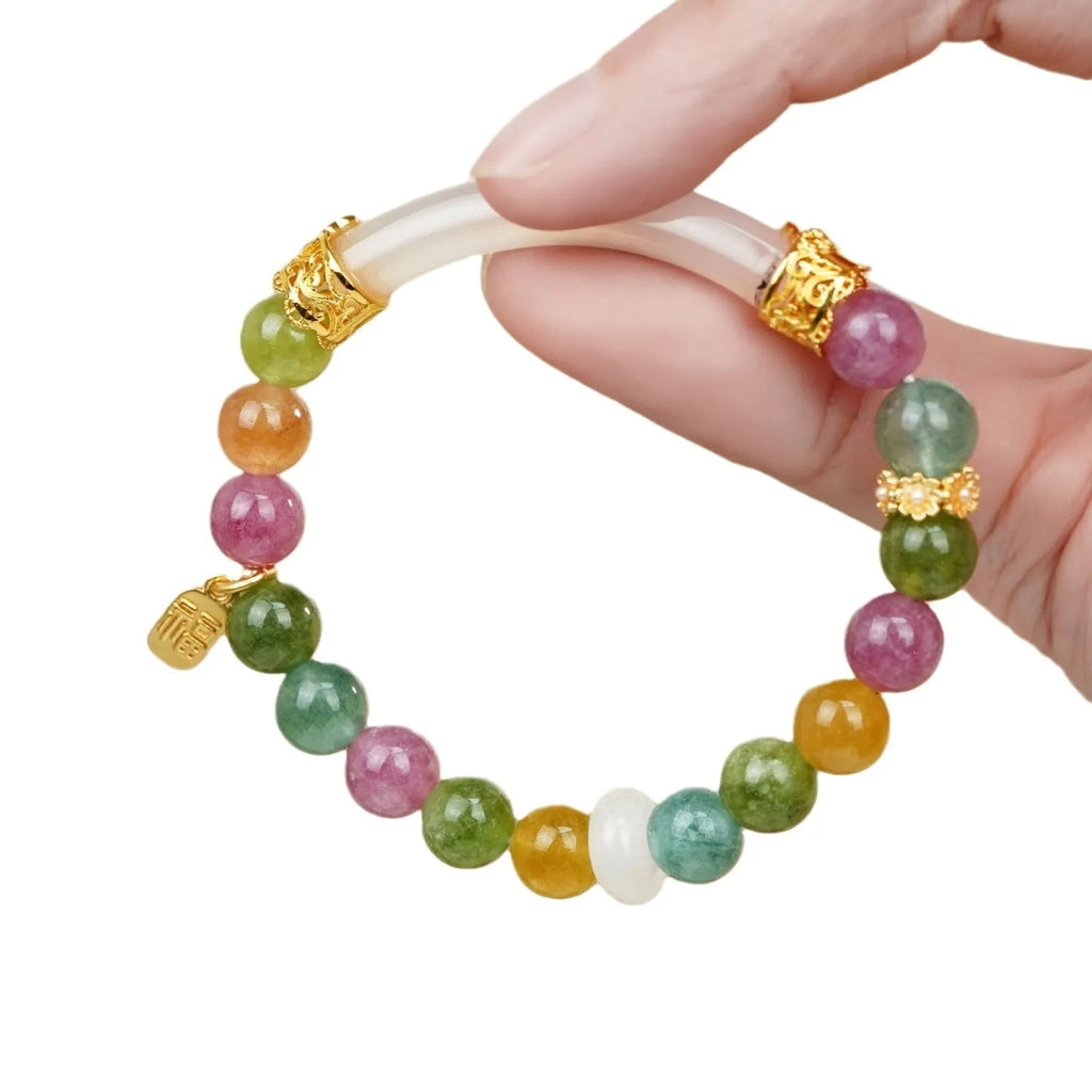Natural jade rainbow tourmaline half bracelet for women with electroplated finish