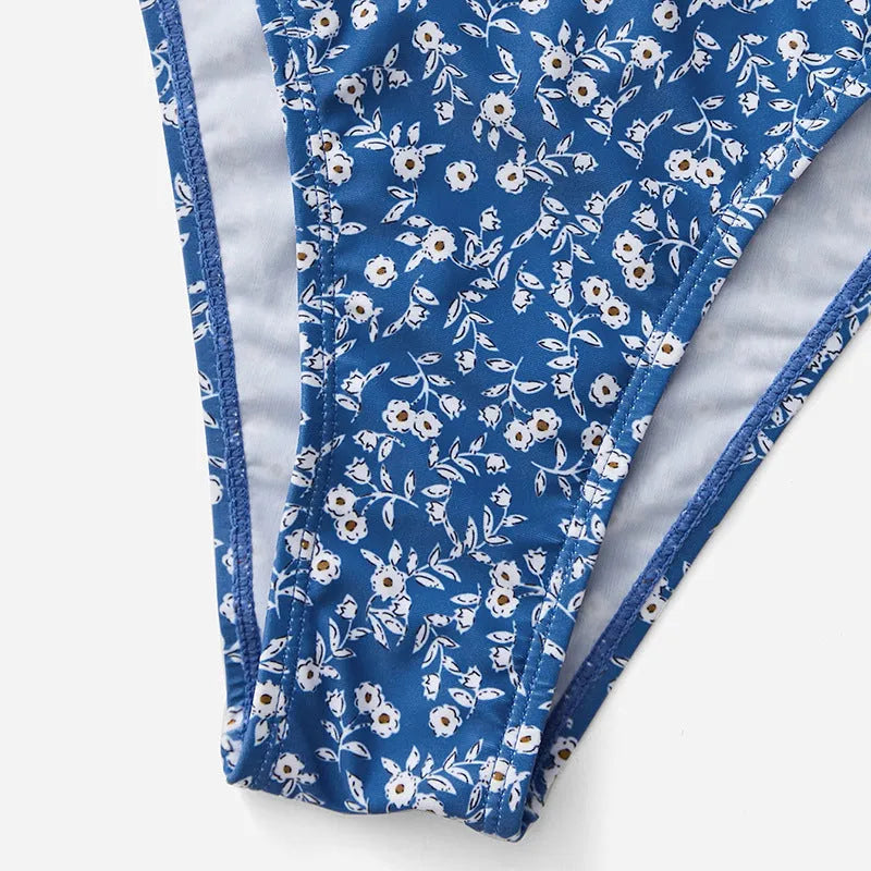 Blue women's polyester swimsuit three-piece set without steel ring, sizes S M L.