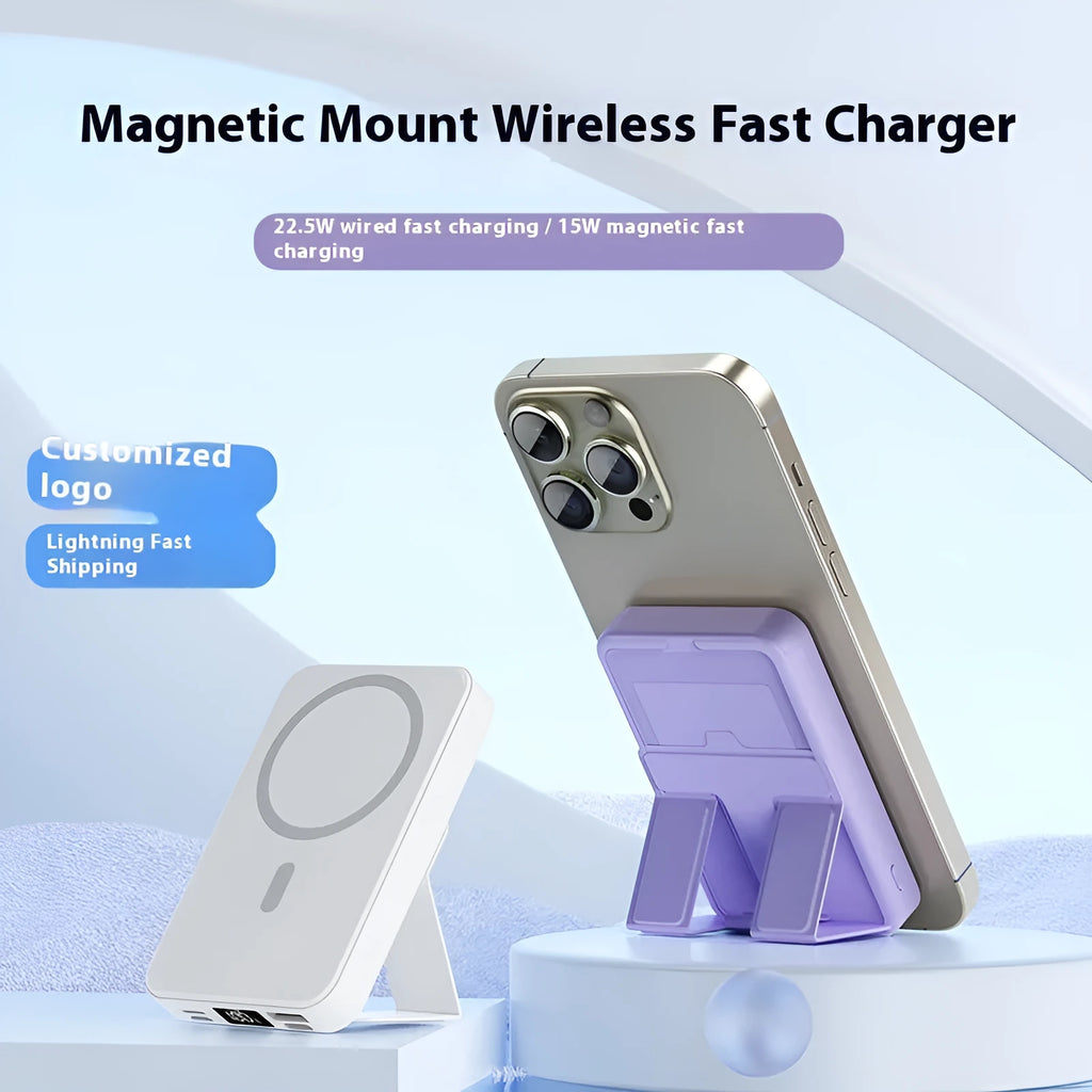 Magnetic wireless power bank with bracket in white, showing 10000mAh capacity and USB port, on a desk