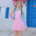 Pink polyester girls swimsuit with split skirt, sizes 3XL to 7XL, conservative children's swimwear