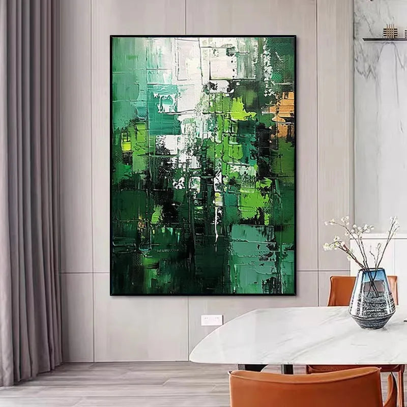 Green abstract hand-painted oil painting on canvas, unframed, with texture visible