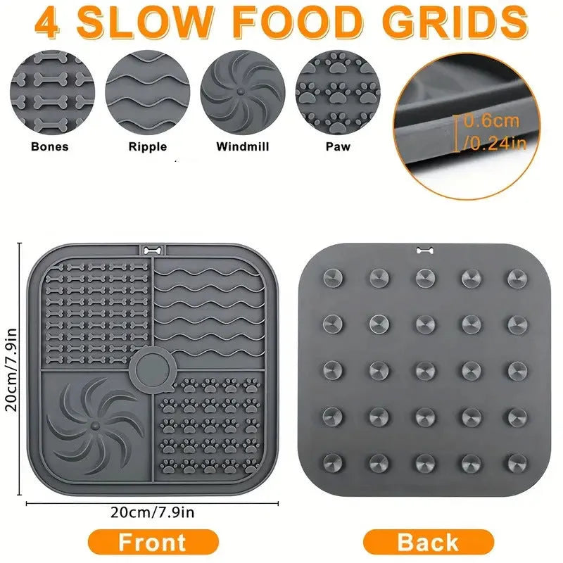 Bottom suction cup non-slip silicone pet slow food mat in gray, shown with a pet bowl on a tiled floor