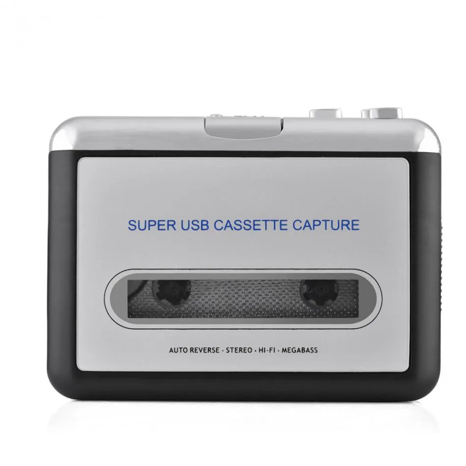 Silver USB cassette tape to MP3 converter unit with USB cable and earphones.