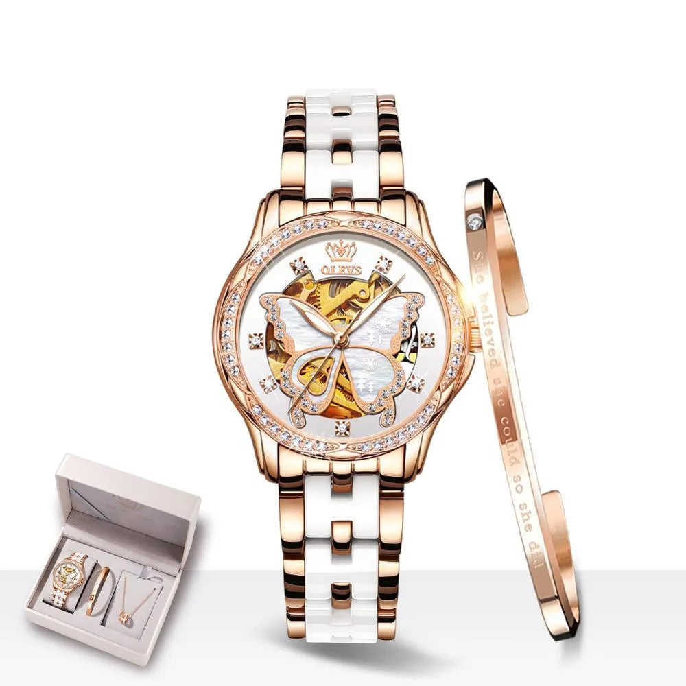 Ladies automatic mechanical watch gift box set with luminous digital display, 35mm dial, and flat top tapered crown on a white rose shell design.