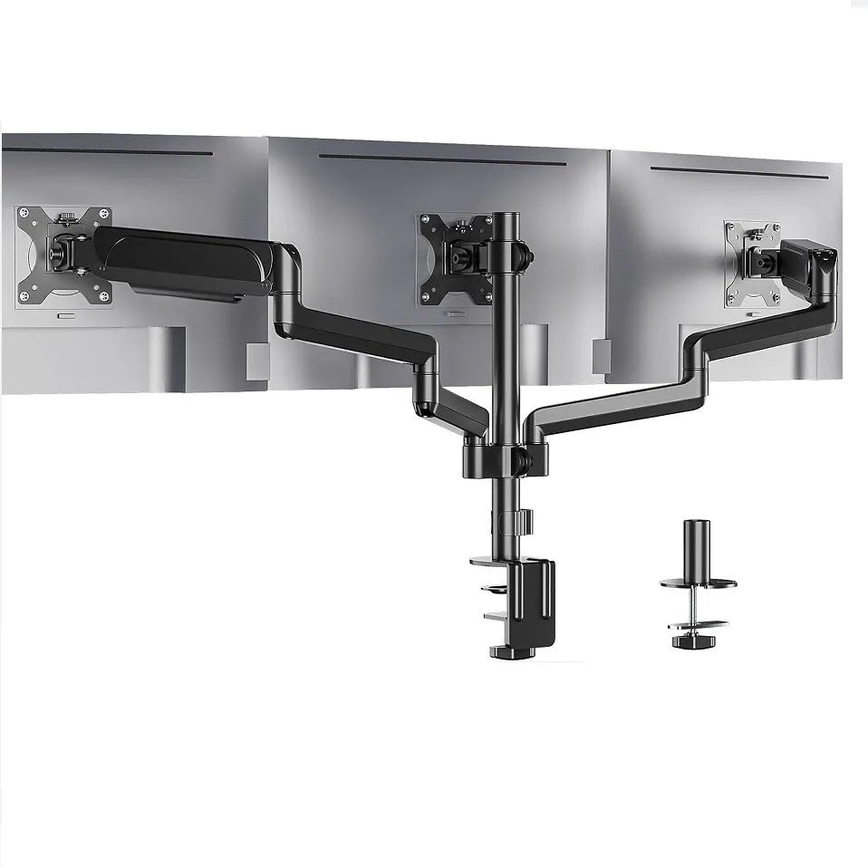 Black aluminium three-arm gas spring monitor mounting arm for 13-27 inch screens.