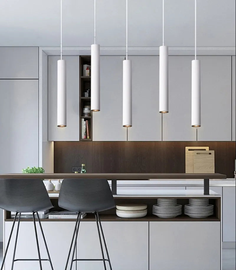 Aluminium alloy long-tube suspended ceiling lamp with black finish, single-head design, adjustable height
