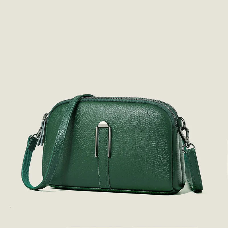 Minimalist top-grain leather crossbody bag in khaki with splicing detail and inner pockets