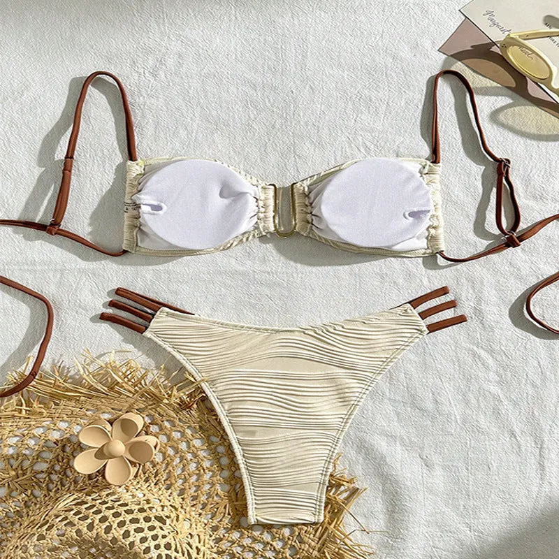 Women's three-piece striped polyester bikini set in European American style, available in five colours, sizes XS-L