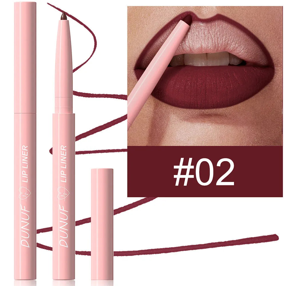 Velvet matte lip liner pencil in a display showing 12 different colour options