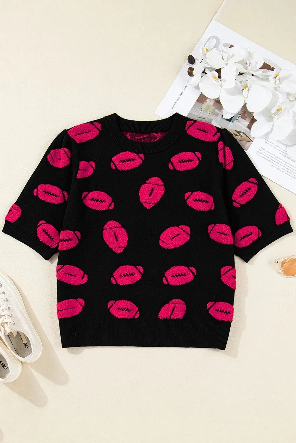Women's high-grade printed casual knitted short sleeve top in black, slim fit, size S to XL.