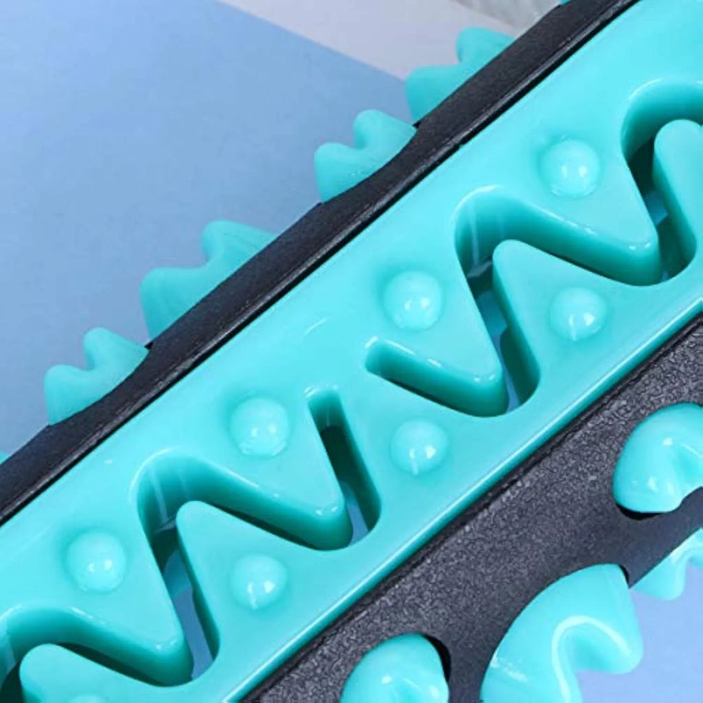 Natural rubber dog dental chew toy in blue, showing textured cleaning surface and size.