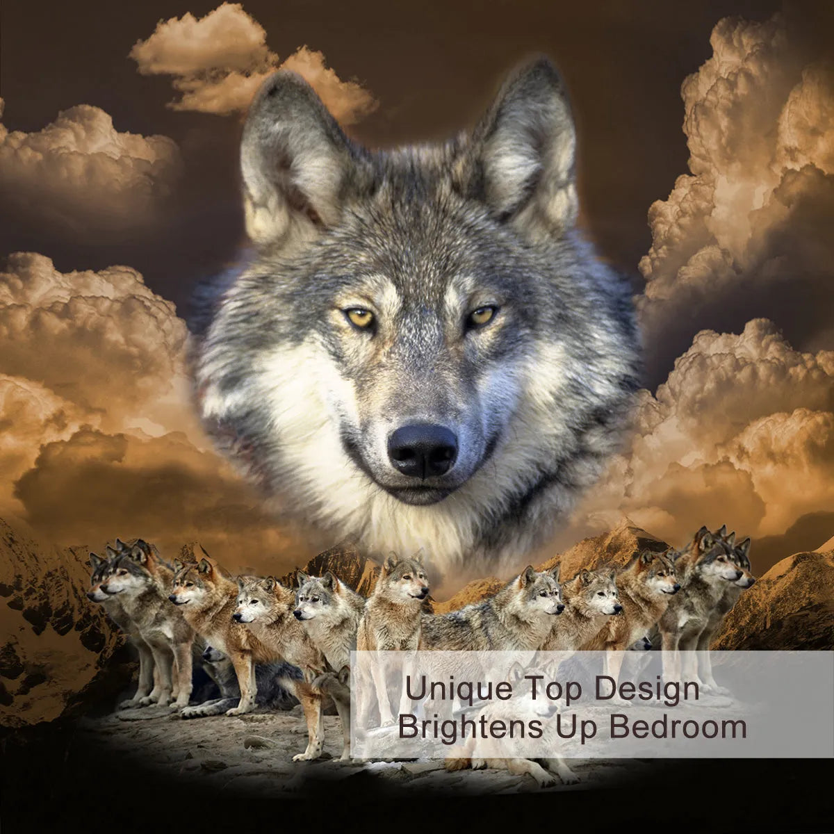3 piece Wolf Pack duvet set in brown with 3D printed wolf design, microfiber comforter and two pillow shams