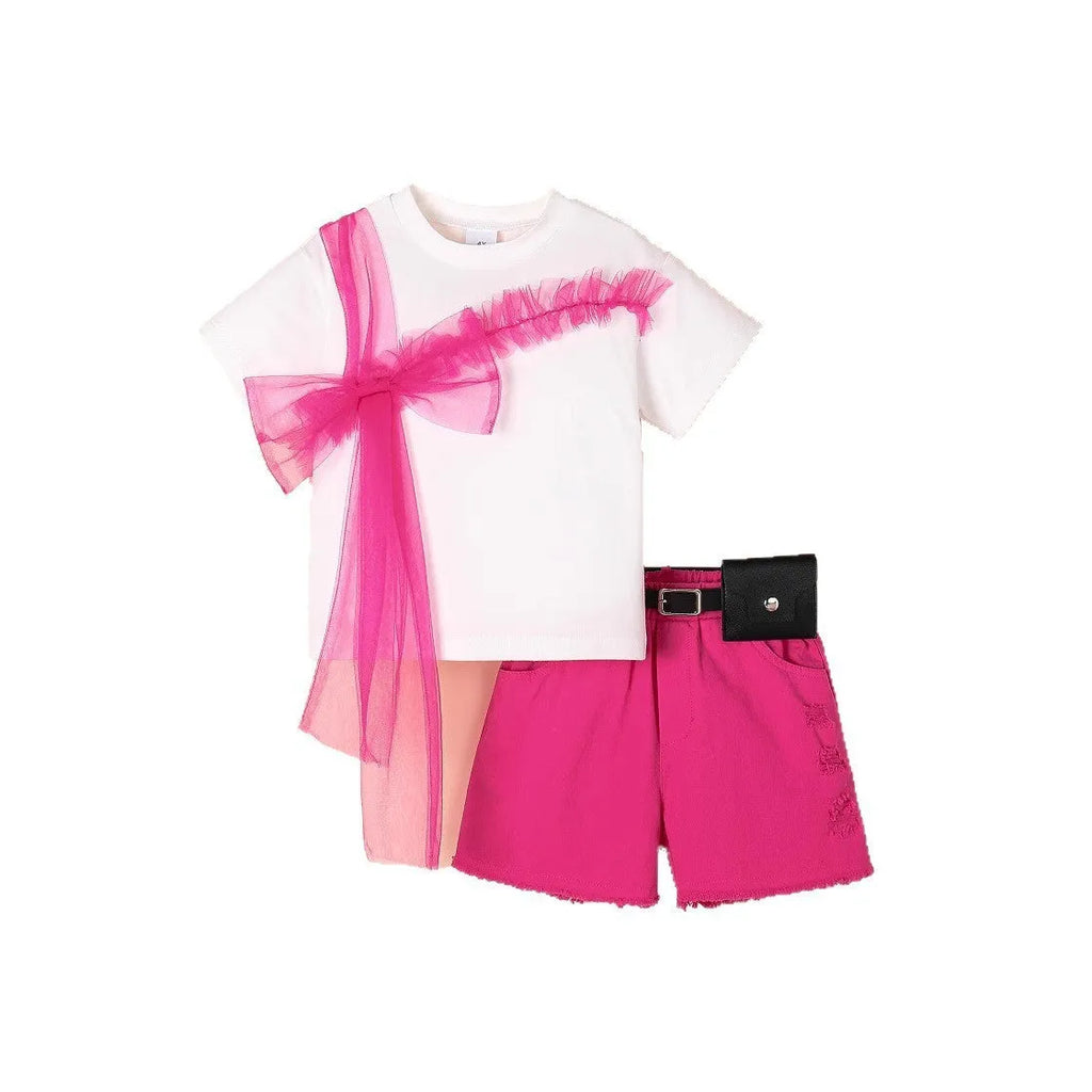 Girls rose red short-sleeved T-shirt, denim shorts and belt set for heights 4Y to 7Y