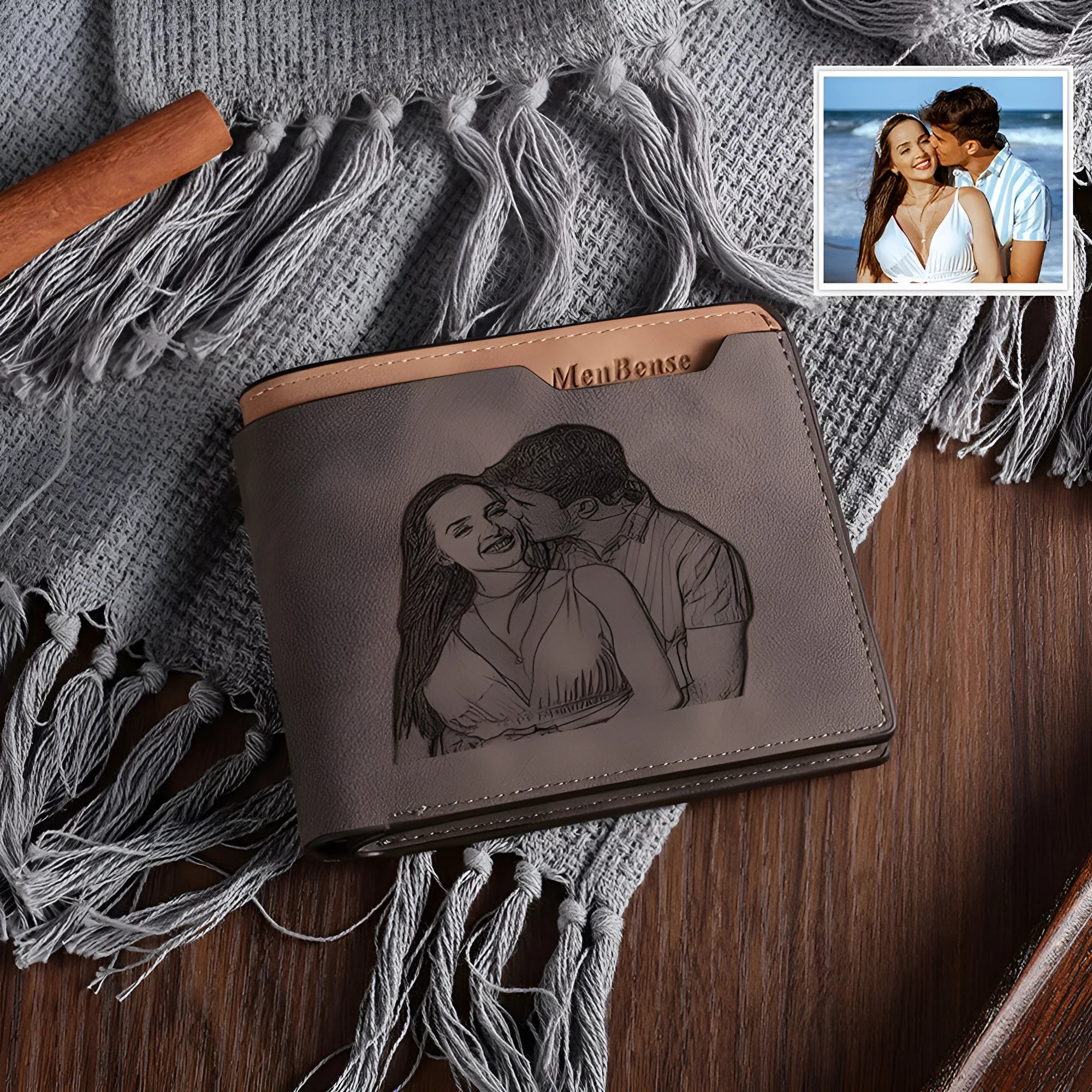 Engraved horizontal short wallet in coffee PU leather with custom photo engraving.
