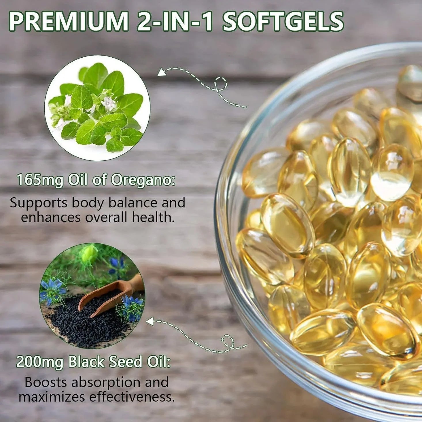 Bottle of black seed oil and olive oil capsules with 60 or 180 count options on a white background