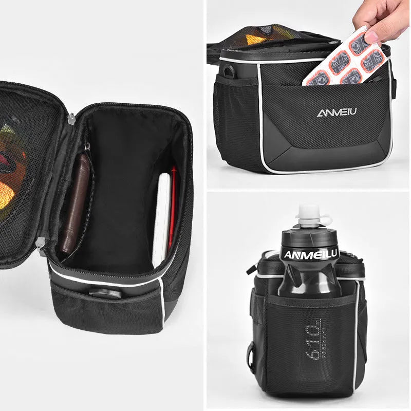 Black waterproof bicycle handlebar bag mounted on bike with folding design showing 7-inch height measurement
