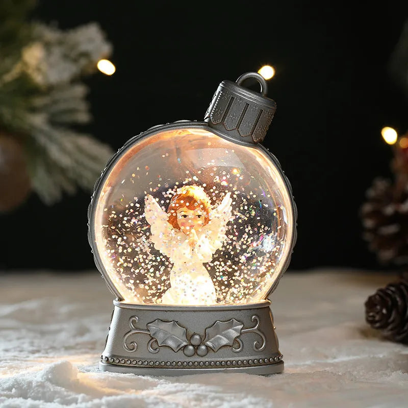 Christmas LED flame light decoration showing four character options: old man, snowman, child tree, and angel designs